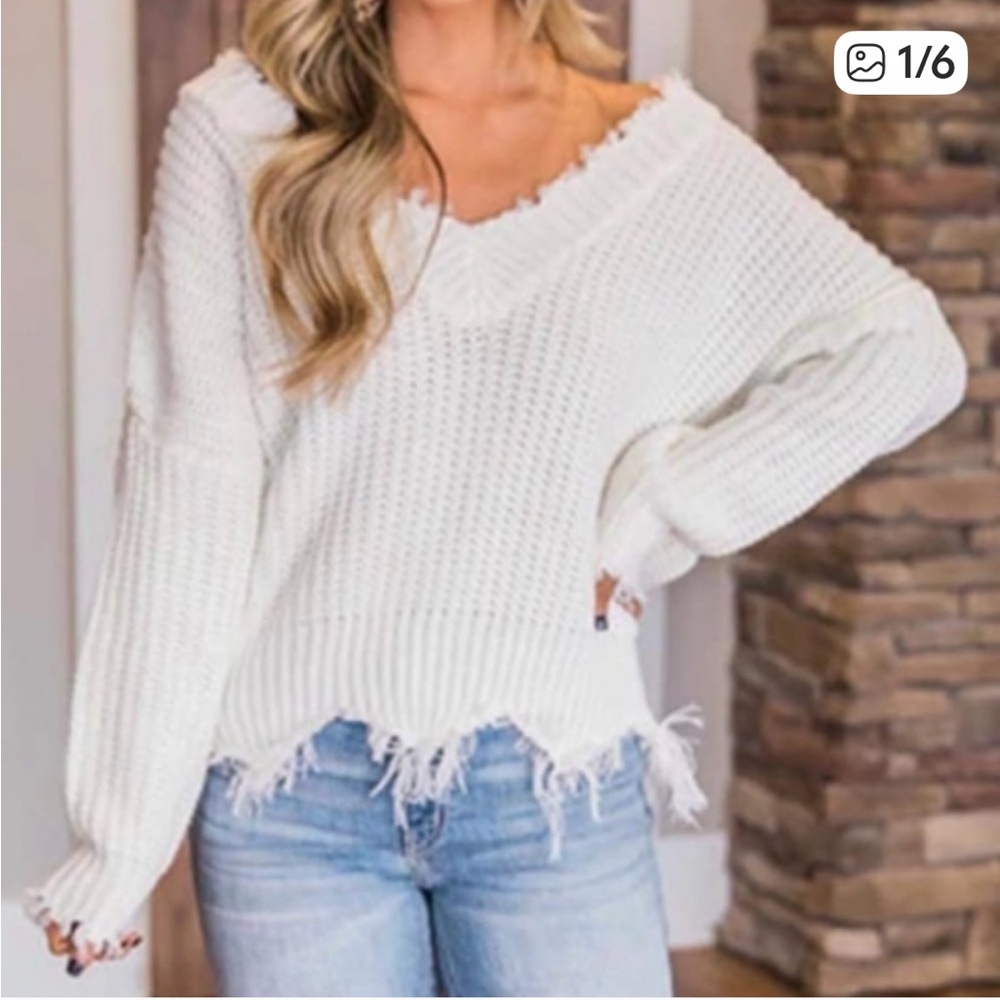Guess Women's White Frayed Sweater